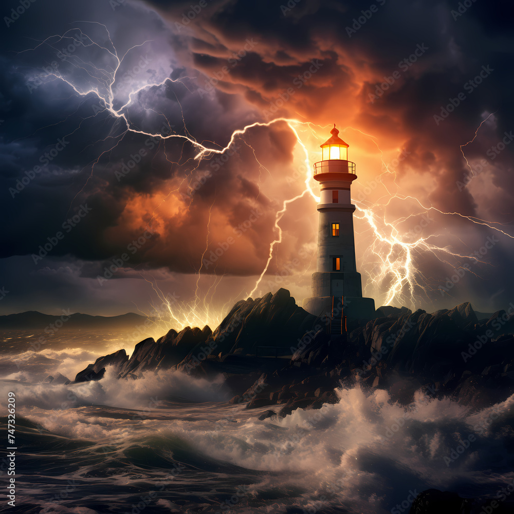 Dramatic lightning storm over a coastal lighthouse