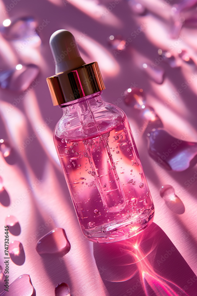 Transparent glass dropper bottle with liquid and oxygen bubbles on background with cosmetic drops in sunlight. Generative AI Transparent glass dropper bottle with liquid and oxygen bubbles on background with cosmetic drops in sunlight. Generative AI