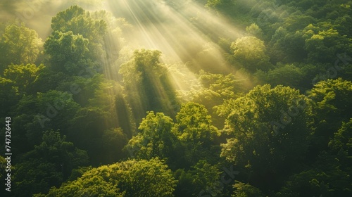 Aerial view of a lush green forest with light rays filtering through the trees at sunrise, creating a serene and peaceful scene