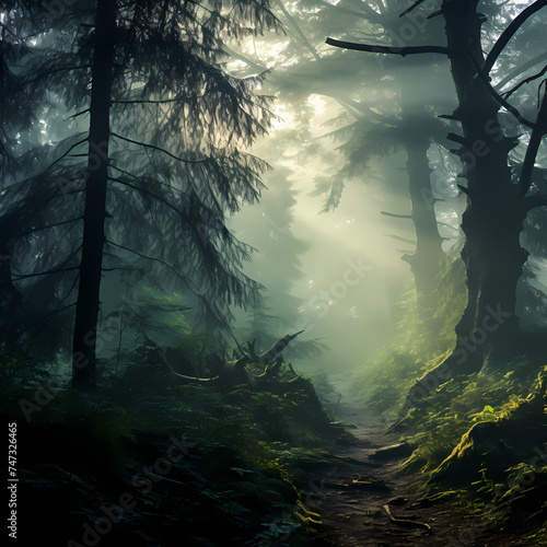 Foggy morning in a mystical forest.