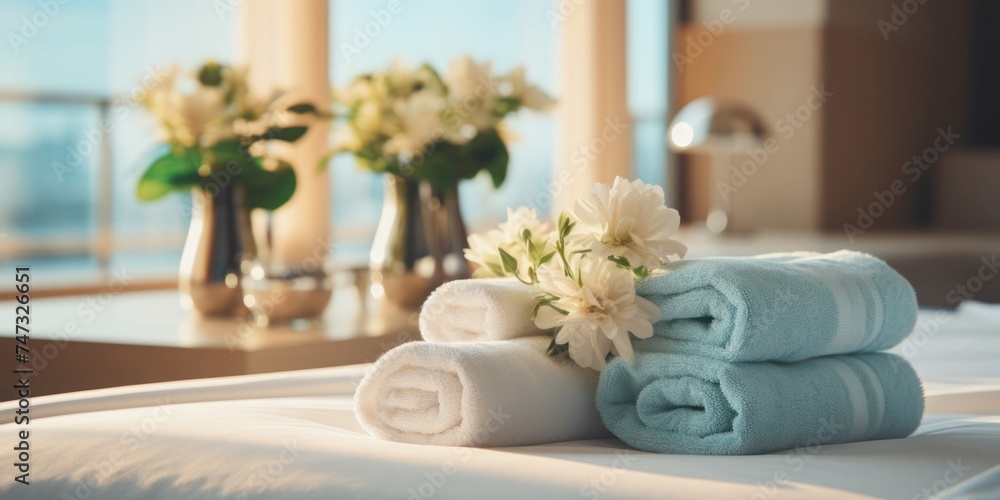 Neatly Folded Towels on King Size Bed Generative AI Neatly Folded Towels on King Size Bed Generative AI