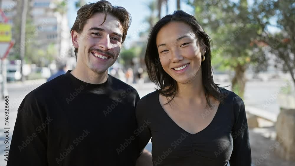 An interracial couple, a man and a woman, smile together on a sunny urban street, depicting love and diversity. An interracial couple, a man and a woman, smile together on a sunny urban street, depicting love and diversity.