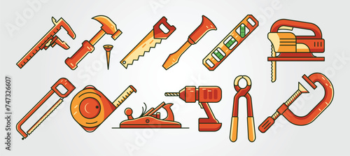 set of carpenter tool cartoon icon vector illustration design, carpenter equipment vector logo design