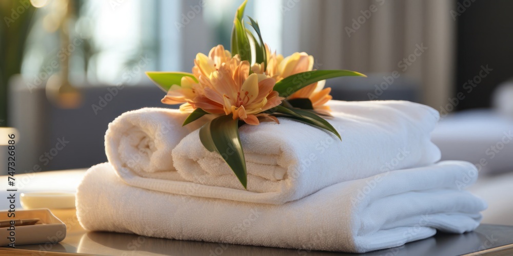 Stack of Folded Towels With Flower on Top in Luxury Bathroom Generative AI
