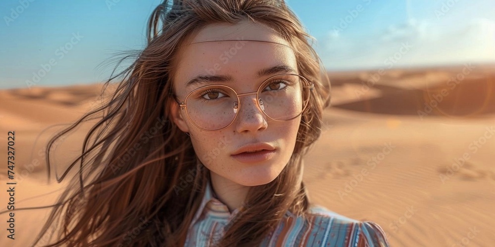 girl with blond hair wearing glasses in the desert portrait