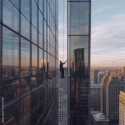 a man washes the glass of a tall building with floor-to-ceiling windows