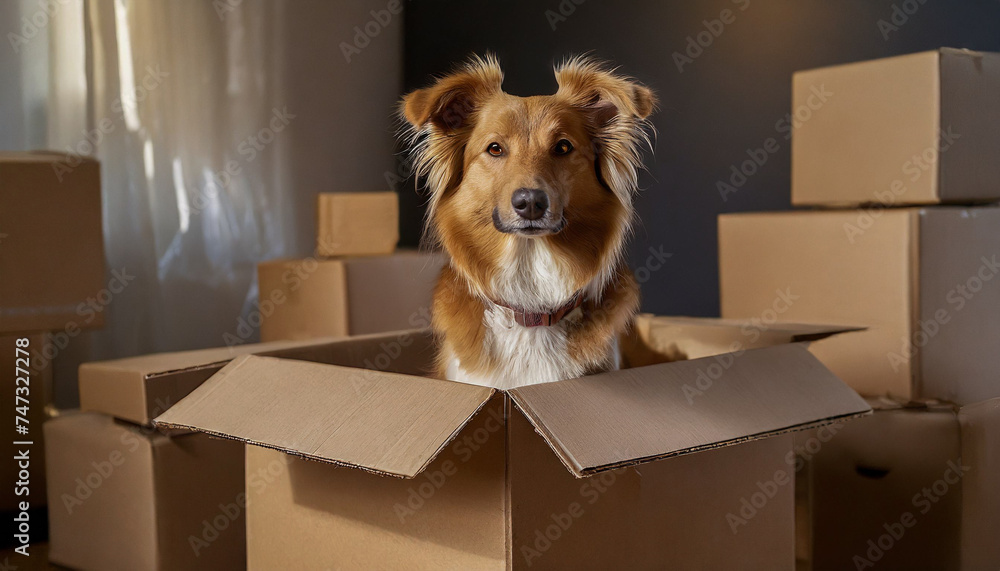 Fototapeta premium Family with kids and pets moving to new home. Cute dog sitting in cardboard box. Moving to new home, packing and unpacking boxes, relocation, renovation, removals and delivery service concept