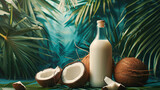 Bottle of coconut milk with the palm tree leaves on the emerald background