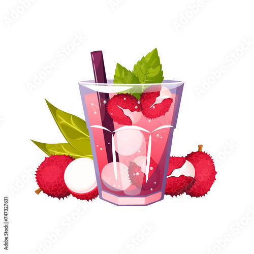 Lychee cocktail. Summer refreshing drink, lemonade with lychee, mint. Vector illustration.