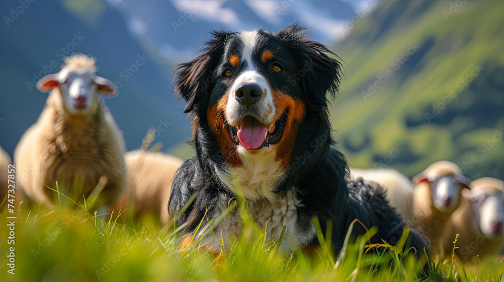Swiss Mountain Dogs or Sennenhunds alongside sheep in the meadow