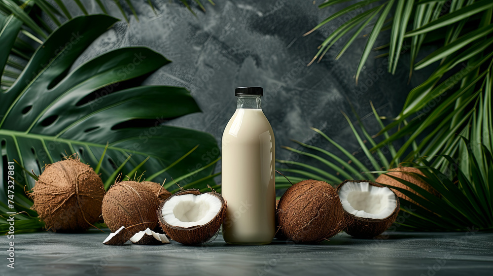 Bottle of coconut milk on the palm tree leaves and coconuts background, grey colors