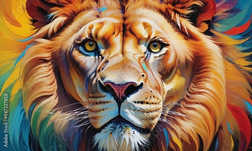 Majestic lion among bright oil paints