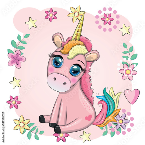 Pink unicorn pony sitting. Cute baby card  baby girl with big eyes
