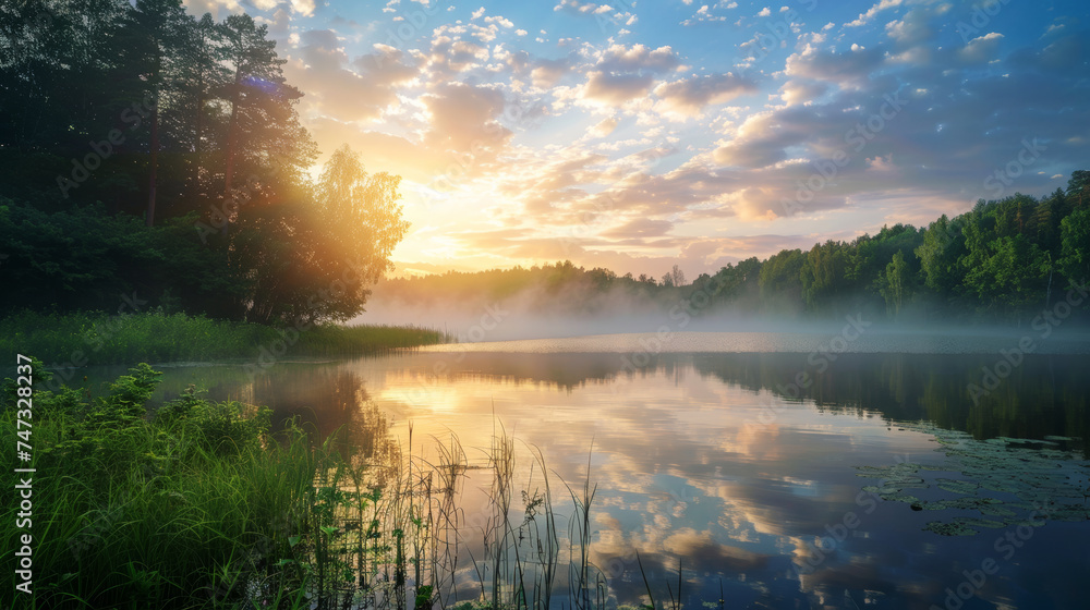 Misty Lake Sunrise.
Sun rising over a tranquil misty lake surrounded by forest.