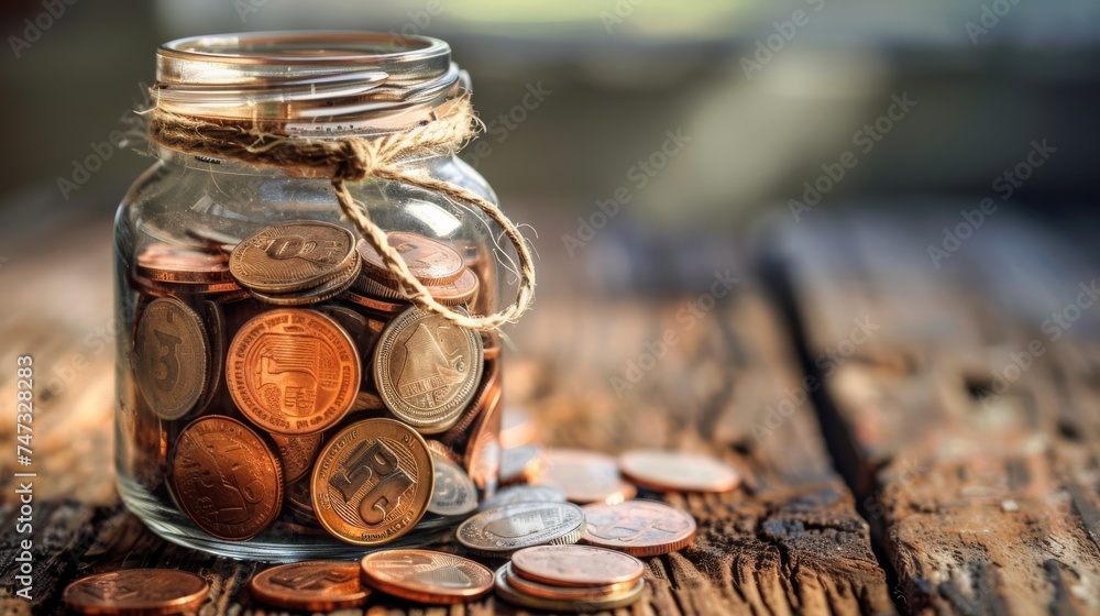 Savings Accumulation in Jar.
Jar filled with coins on wooden surface illustrating savings growth.