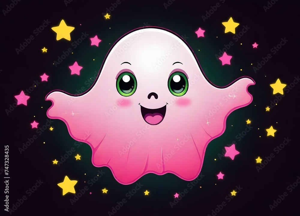 Cartoon ghosts in various colors with cute facial expressions on a dark background with stars and hearts Cartoon ghosts in various colors with cute facial expressions on a dark background with stars and hearts