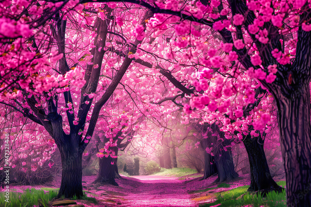 Redbud trees with vibrant pink blossoms closeup