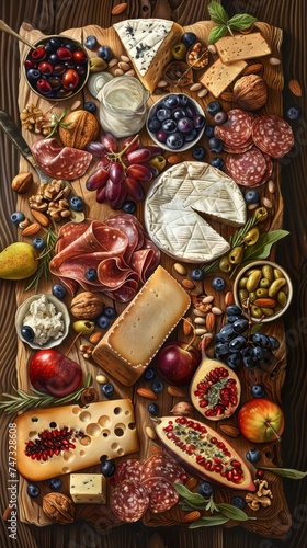 A meticulously illustrated charcuterie and cheese platter showcasing a bounty of cheeses, fruits, and nuts. The artistic representation brings out the rich textures and diverse flavors of the spread.