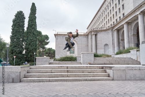 Young man with roller skates jumping and grabbing his skates down stairs in the city
