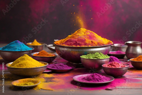 Colorful powders on trays and plates at holi Indian festival