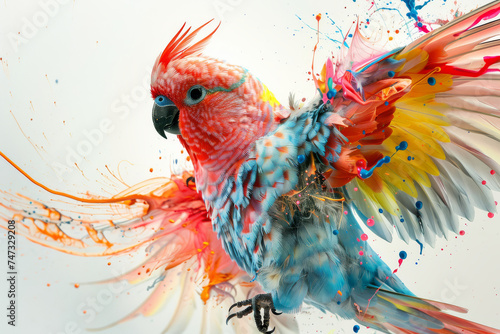Dynamic artwork of a parrot with a burst of paint splashes  symbolizing vibrant life and creativity in motion.