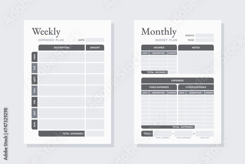 Black and white modern classic minimalistic monthly and weekly financial planners for budget management with total of income and expenses