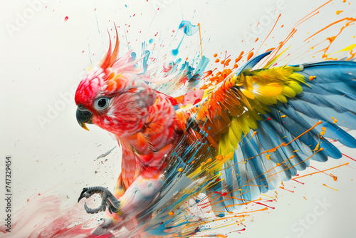 Dynamic artwork of a parrot with a burst of paint splashes, symbolizing vibrant life and creativity in motion.