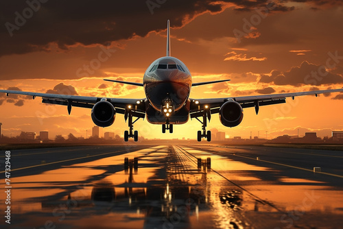 A large airplane flying over a runway into sunrise with sun shining. Travel concept. 3D Rendering