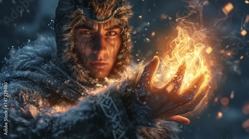 Portrait of a man in a fur coat and hat with a fire in his hands