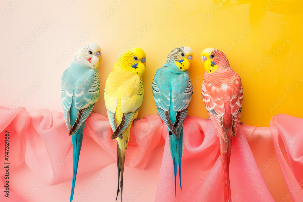 Four budgerigars in shades of blue, pink, and yellow perched in a row on draped vibrant fabrics.