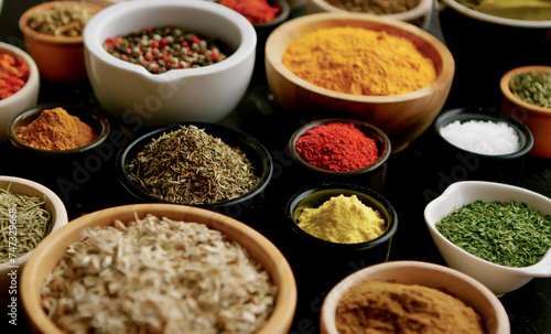 Black stone cooking background. Spices and vegetables. Top view. Free space for your text. A set of spices and herbs. Indian cuisine. Pepper, salt, paprika, basil, turmeric.