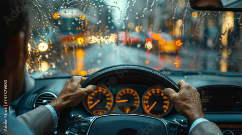 A man driving a car in the rain