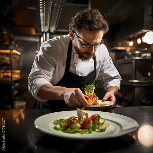 A chef garnishing a plate with precision