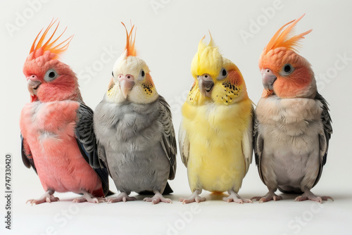 Four vibrant cockatiel parrots lined up on a wooden perch against a grey background, showcasing their colorful feathers.. photo