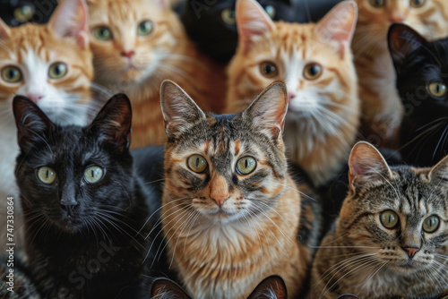 Close-up portrait of an adorable group of kittens with striking orange eyes, attentively gazing upwards.