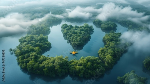 Aerial view of dense rainforest vegetation with lakes shaped like world continents, clouds and a yellow airplane.