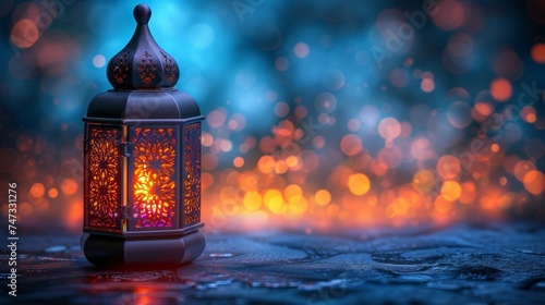 The Arabic lantern displays a burning candle against a night mosque background. An invitation for Ramadan Kareem, the Muslim holy month.