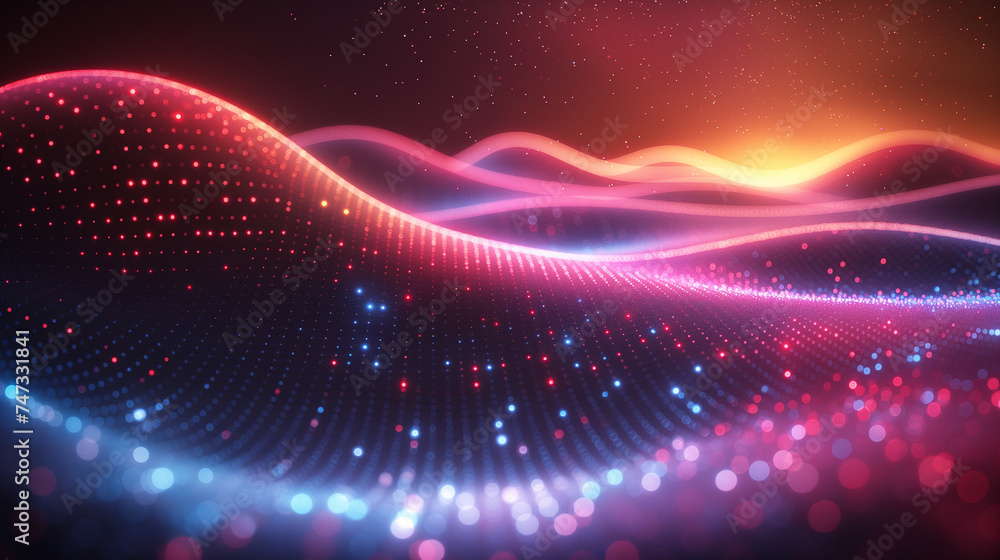 Fototapeta premium Abstract flying on a dark blue and red background topic of artificial intelligence, neural networks, big data. Copy space