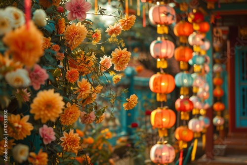 Images of temples adorned with lanterns, flowers, and flags in celebration of Vesak