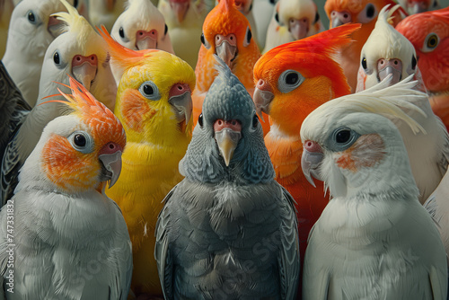 A captivating assembly of cockatiels and parrots, showcasing a variety of colors and patterns, gathered together. photo