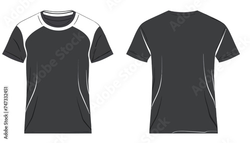Basic T-shirt flat technical fashion illustration. Tee shirt vector template illustration. front and back view. regular fit. drop shoulder