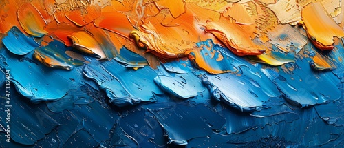 Painting in oil abstract style. Art painting, mural, modern artwork, paint spots, paint strokes, golden elements, orange, gold, blue. Small stroke oil paintings.