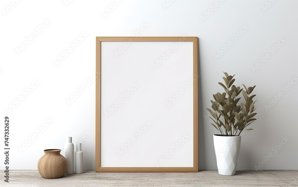 Blank wooden picture frame mockup on off white wall in modern interior. Vertical artwork template mock up for artwork, painting, photo or poster in interior design with green plants. AI Generative. Blank wooden picture frame mockup on off white wall in modern interior. Vertical artwork template mock up for artwork, painting, photo or poster in interior design with green plants. AI Generative.
