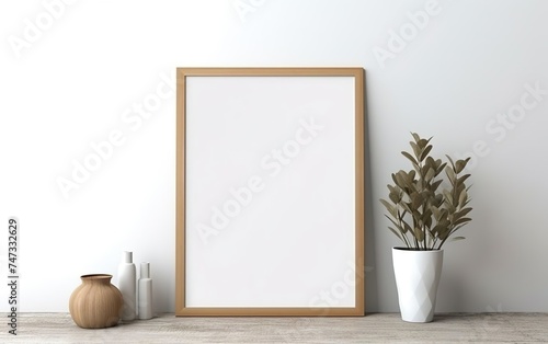 Blank wooden picture frame mockup on off white wall in modern interior. Vertical artwork template mock up for artwork, painting, photo or poster in interior design with green plants. AI Generative.