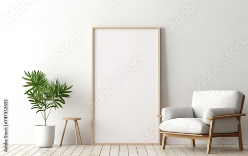 Blank wooden picture frame mockup on off white wall in modern interior. Vertical artwork template mock up for artwork, painting, photo or poster in interior design, chair, green plants. AI Generative. © your_inspiration