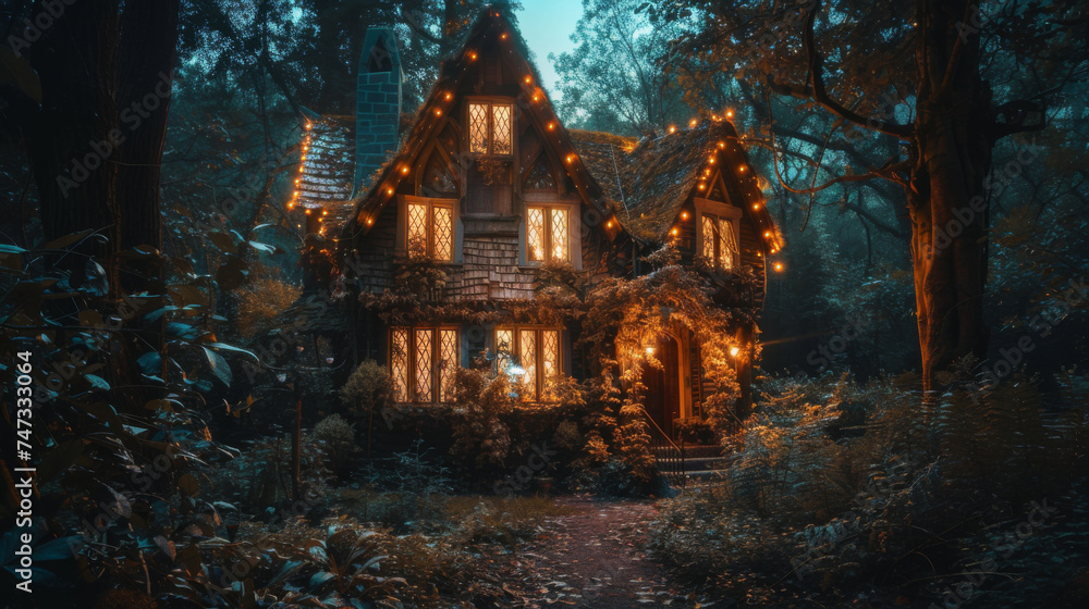 Enchanting fairytale house in twilight forest - Cozy, illuminated cottage nestled in a mystical dark woodland, invoking a sense of magic and mystery
