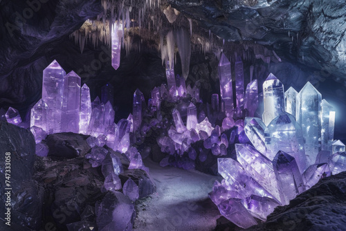 Illuminated amethyst cave with crystals - Mystical amethyst cave with vibrant purple crystals radiating magical and serene vibes in a fantasy setting