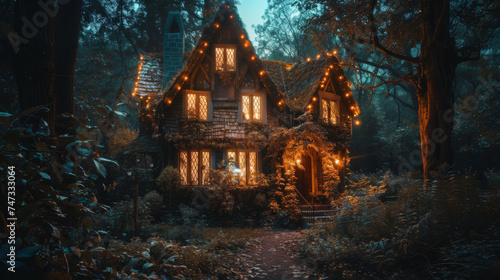 Enchanting fairytale house in twilight forest - Cozy  illuminated cottage nestled in a mystical dark woodland  invoking a sense of magic and mystery