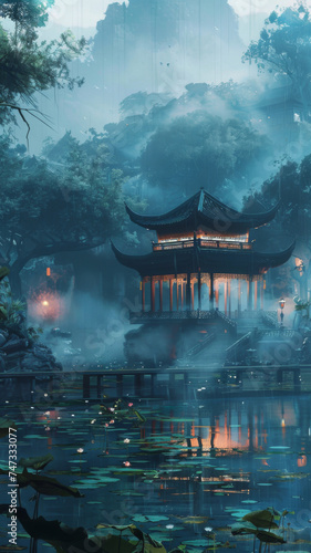 Enchanting traditional Asian pavilion in fog - Mysterious and serene traditional Asian pavilion surrounded by nature and fog, fostering a sense of discovery