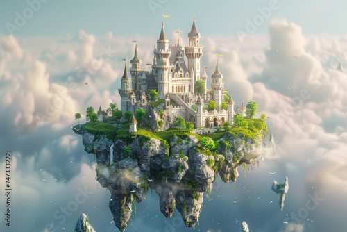 Fantasy floating island castle surrounded by clouds - Majestic fantasy castle atop a floating island, evoking feelings of adventure, fantasy, and escape surrounded by soft clouds photo